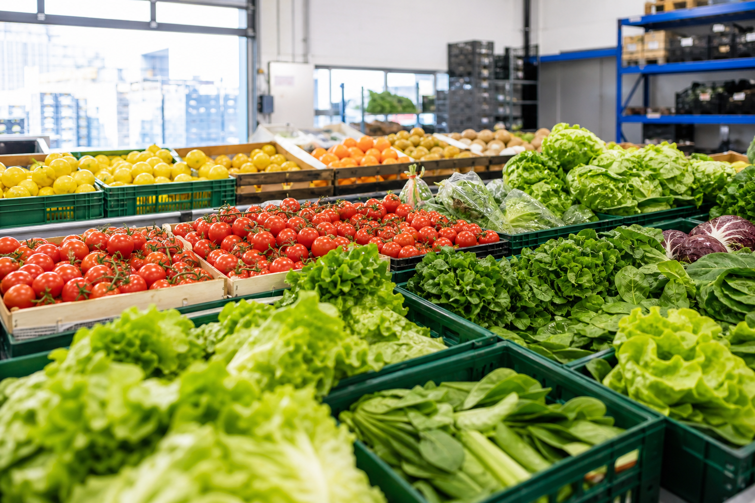 Fresh produce bins in a grocery supply chain setting